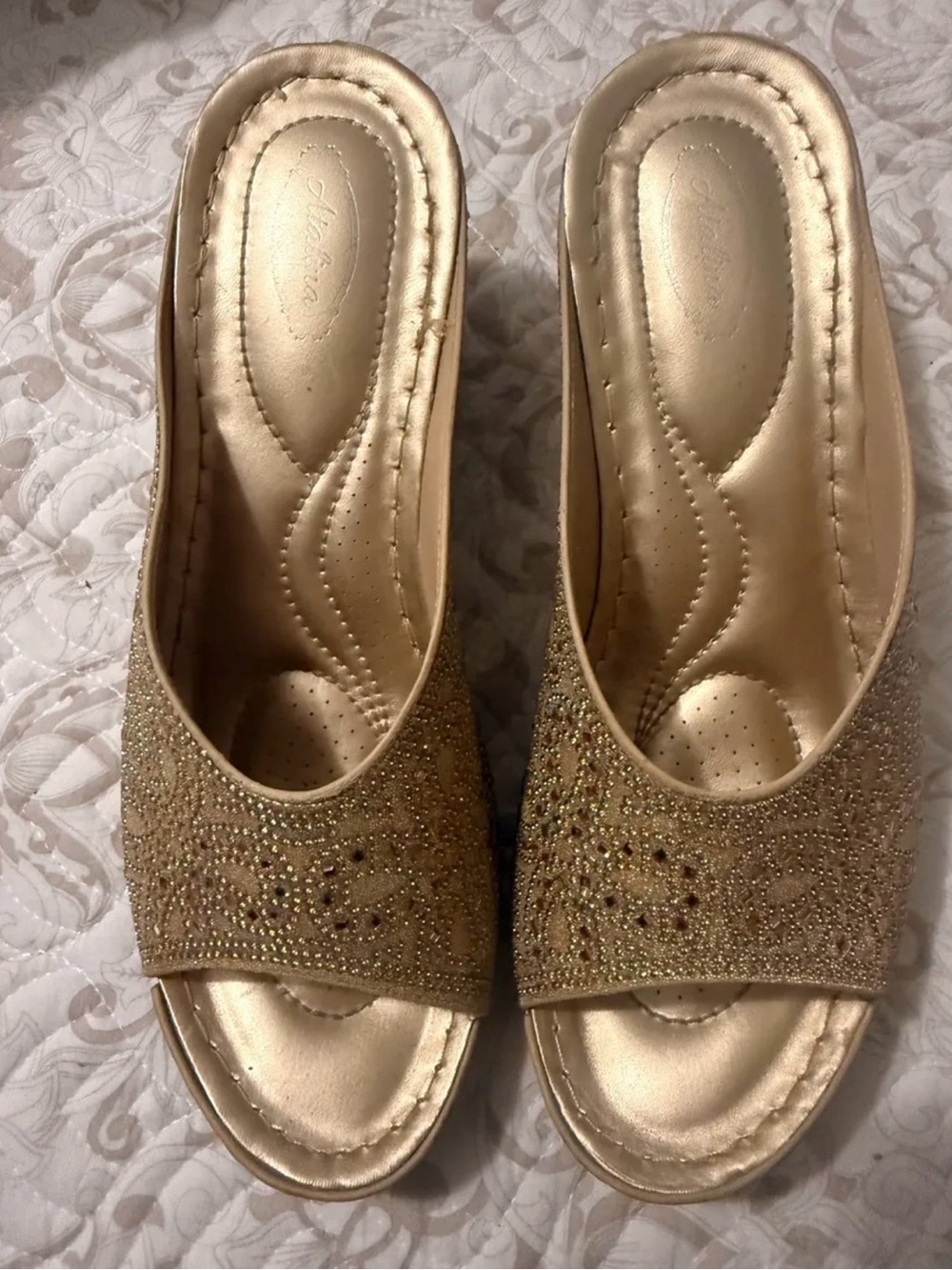 Embellished Gold Slip-On Wedge Mules